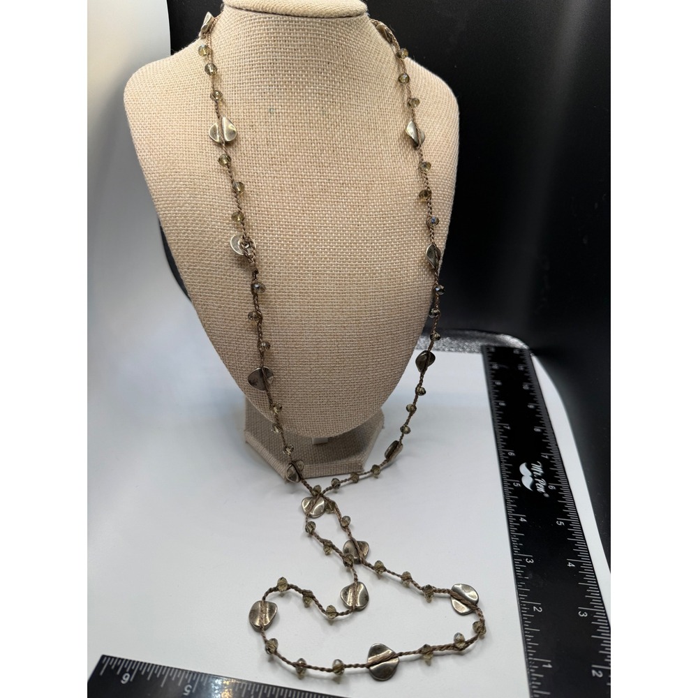Boho Long Hand Knotted Cord Necklace Silver Tone Organic Discs Glass Beads 40in